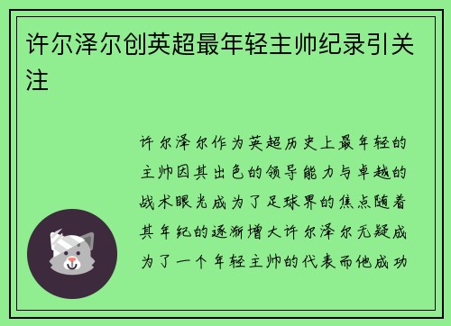 许尔泽尔创英超最年轻主帅纪录引关注 许尔泽尔创英超最年轻主帅纪录引关注