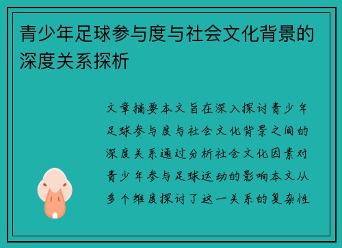 青少年足球参与度与社会文化背景的深度关系探析