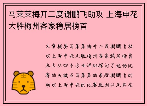 马莱莱梅开二度谢鹏飞助攻 上海申花大胜梅州客家稳居榜首 马莱莱梅开二度谢鹏飞助攻 上海申花大胜梅州客家稳居榜首